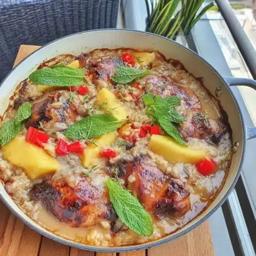 Jamaican Jerk Chicken served with mango bake and coconut rice on a plate