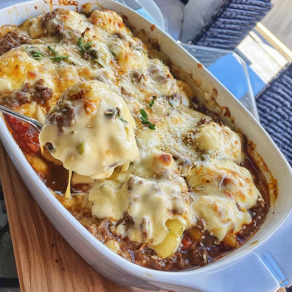 Korean-style ground beef casserole with sesame and soy sauce in a serving dish.