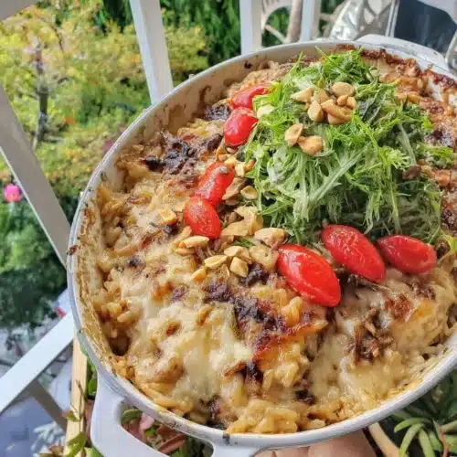 Lebanese Chicken and Rice Casserole topped with Pine Nuts and fragrant Allspice