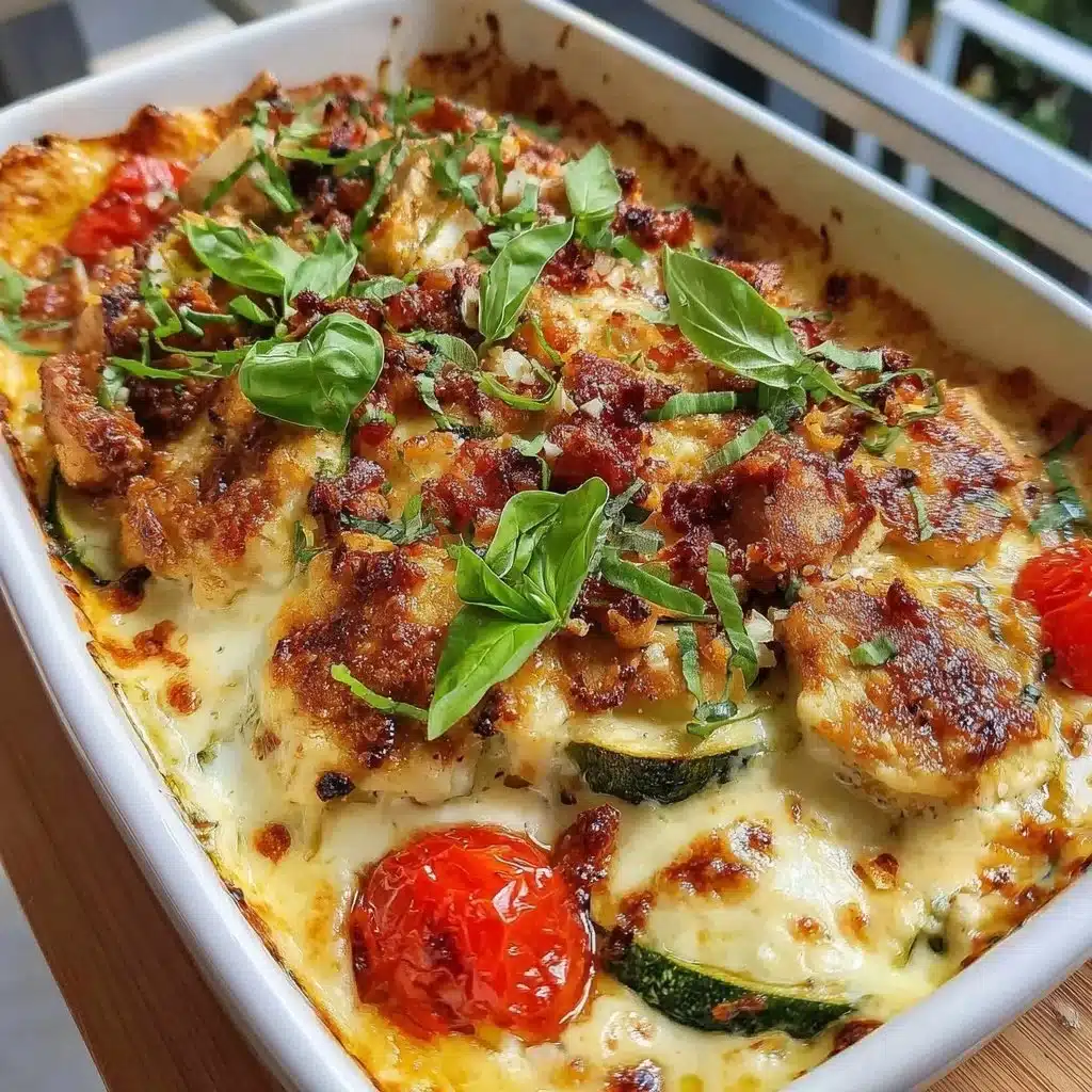 Low-carb zucchini chicken casserole served in a baking dish