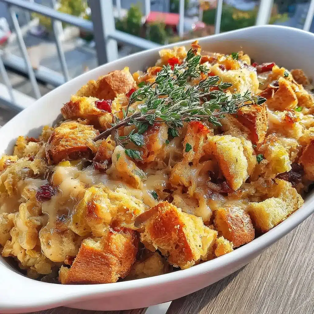 Old fashioned chicken stuffing casserole topped with golden breadcrumbs.