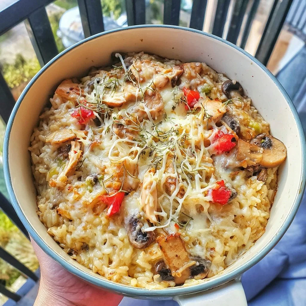 One Pan Chicken and Mushroom Rice Casserole dish ready to serve