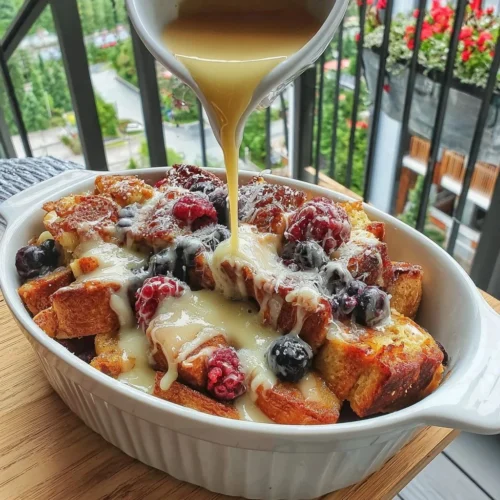 Overnight Blueberry French Toast Casserole with Maple Glaze ready to serve