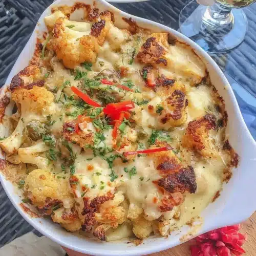 Roasted cauliflower bake with creamy miso cheese sauce in a baking dish