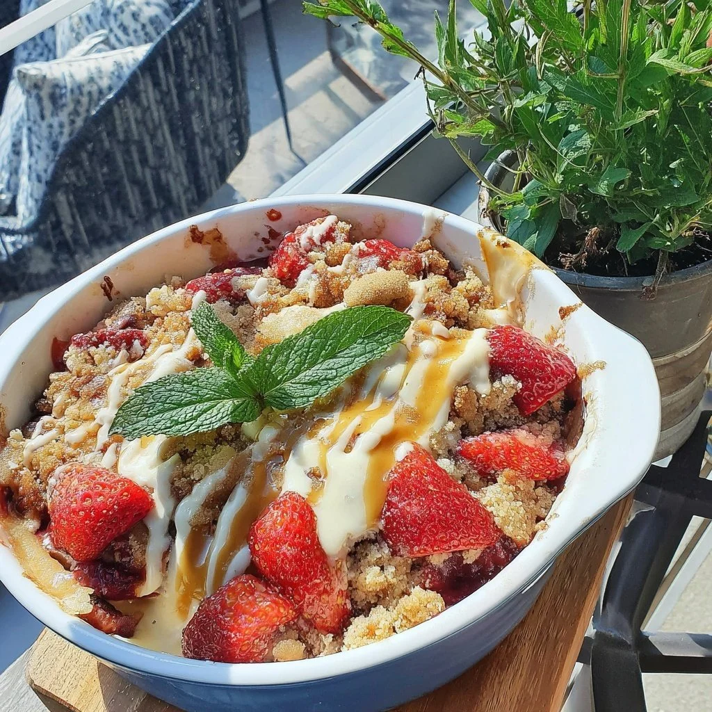 Spring strawberry crumble dessert casserole with buttery topping