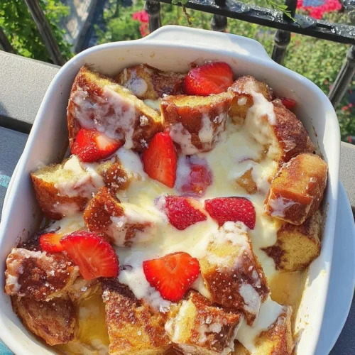 Strawberry French toast casserole baked for Mother's Day brunch celebration