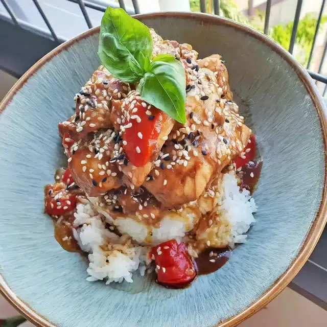 Teriyaki Chicken Casserole with Sticky Rice and Sesame Seeds