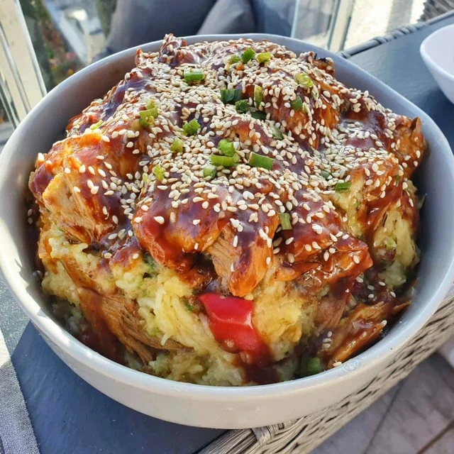 Teriyaki Chicken Casserole with Sticky Rice and Sesame Seeds