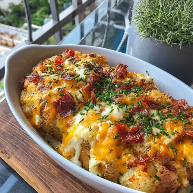 Twice Baked Potato Casserole with Cheddar and Sour Cream