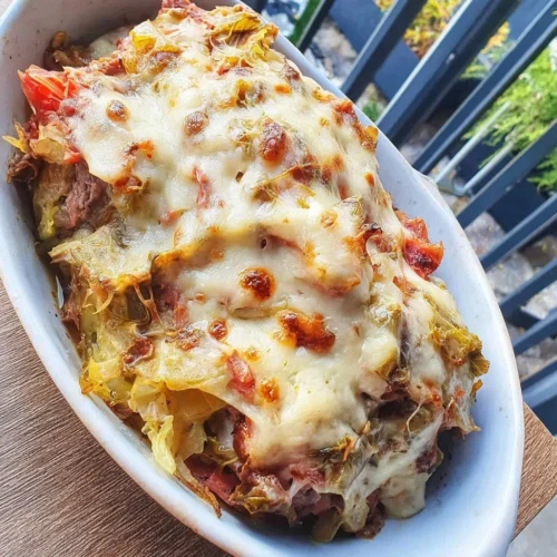 Unstuffed corned beef and cabbage casserole dish ready to serve