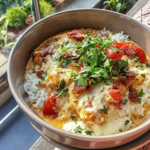 Delicious butter chicken casserole served with basmati rice