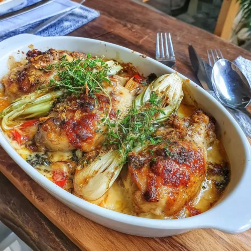 Bok Choy and Ginger Roasted Chicken Casserole in a baking dish