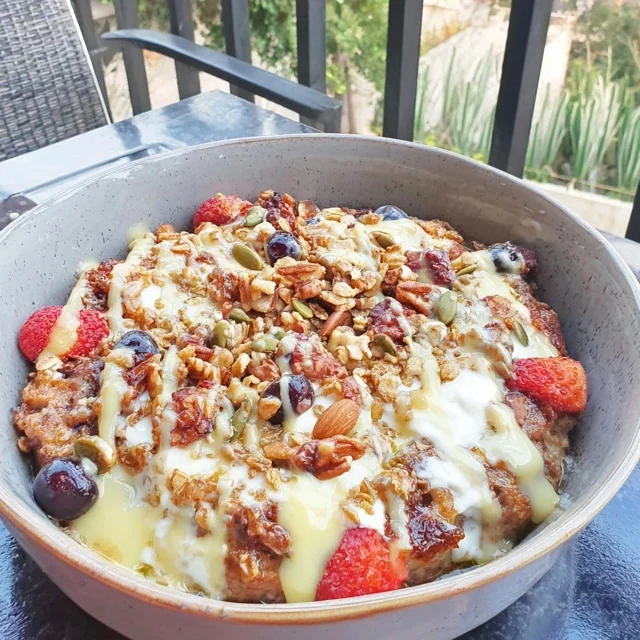 Breakfast Bowl Casserole with Greek Yogurt and Crunchy Granola