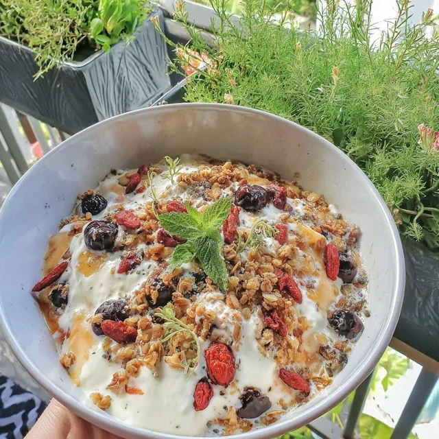 Breakfast Bowl Casserole with Greek Yogurt and Crunchy Granola