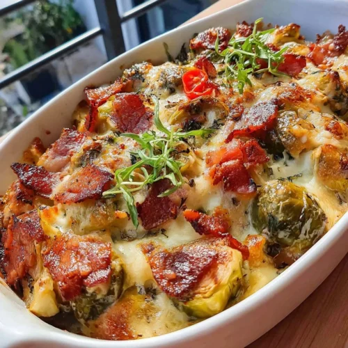 Brussels Sprout and Gruyère Casserole topped with crispy bacon