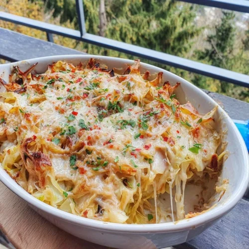 Caramelized Cabbage and Parmesan Pasta Casserole in a baking dish