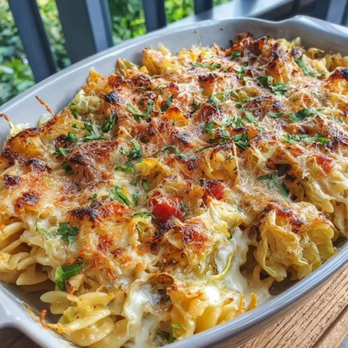 Caramelized cabbage and Parmesan pasta casserole topped with golden brown cheese.