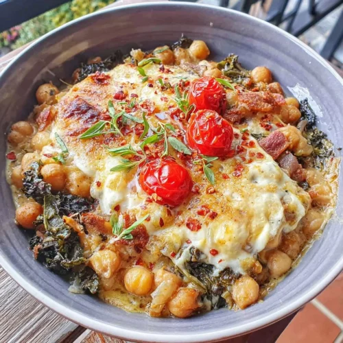 Chickpea Kale Casserole topped with spiced yogurt in a baking dish