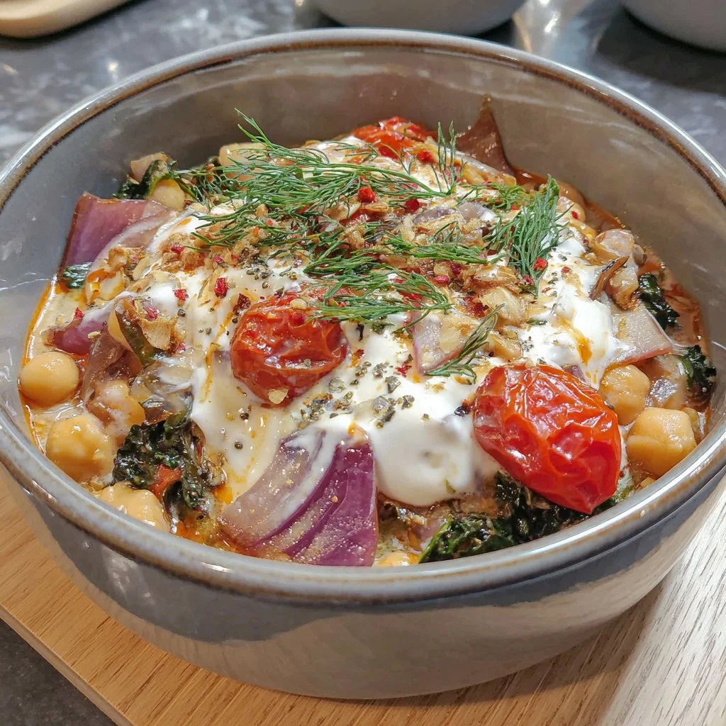 Chickpea and Kale Casserole with Spiced Yogurt