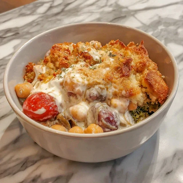 Chickpea and Kale Casserole with Spiced Yogurt