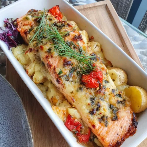 Dill Roasted Salmon served with a creamy new potato casserole dish
