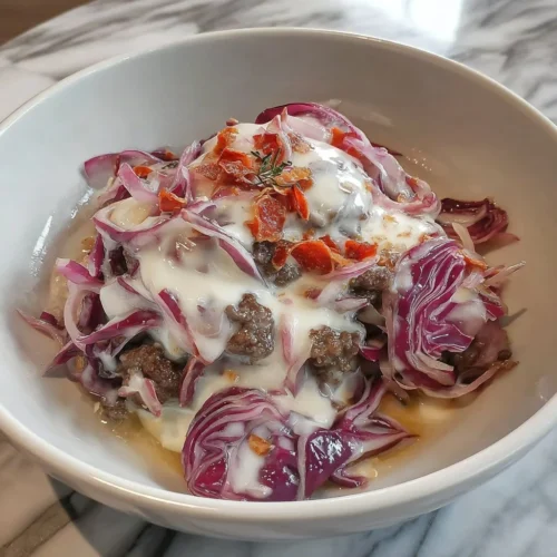 Easter red cabbage casserole with ground beef, served in a dish