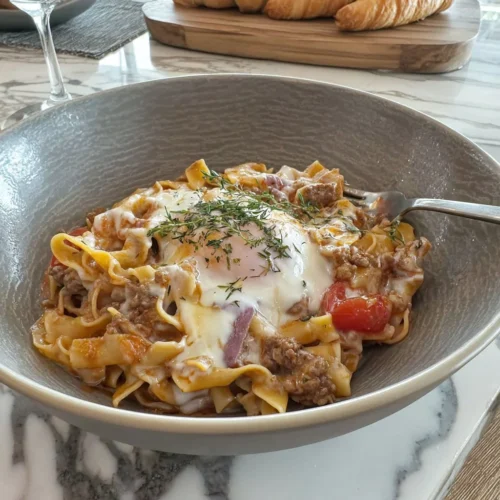 Delicious beef casserole with egg noodles and ground beef tallow baked to perfection.