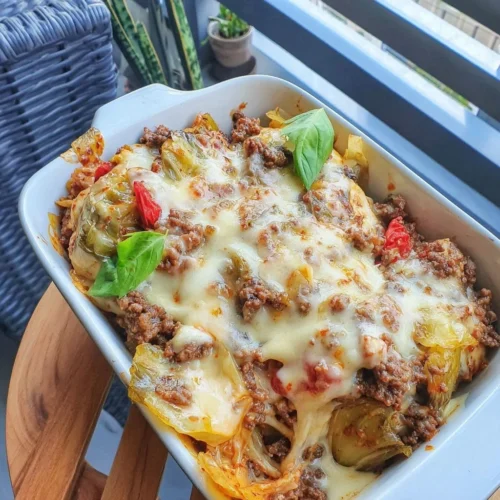 Ground beef and fermented kimchi cabbage casserole dish ready to serve.