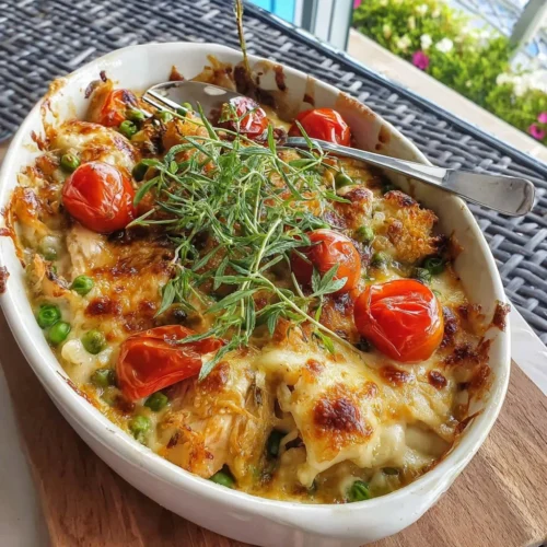 Delicious Honey Roasted Chicken and Spring Pea Casserole in a baking dish