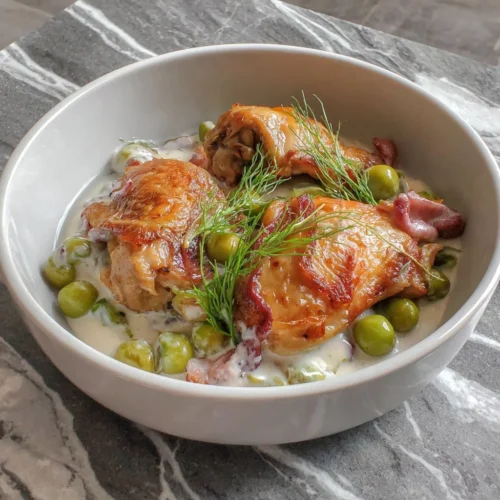 Honey roasted chicken casserole with spring peas in a baking dish