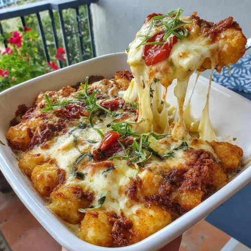 Delicious Kimchi Tater Tot Casserole featuring melted cheese