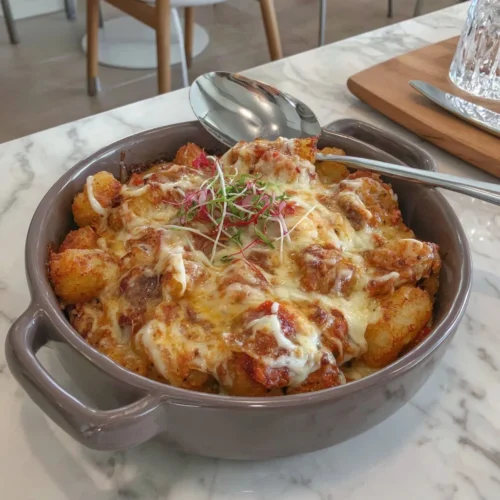 Kimchi Tater Tot Casserole topped with melted cheese served in a baking dish