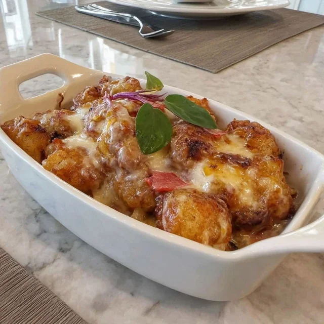 Kimchi Tater Tot Casserole with Melted Cheese