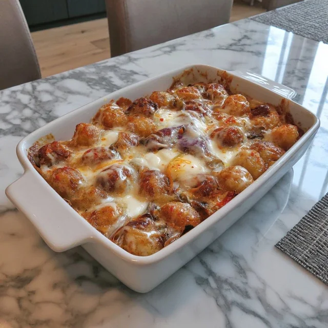 Kimchi Tater Tot Casserole with Melted Cheese