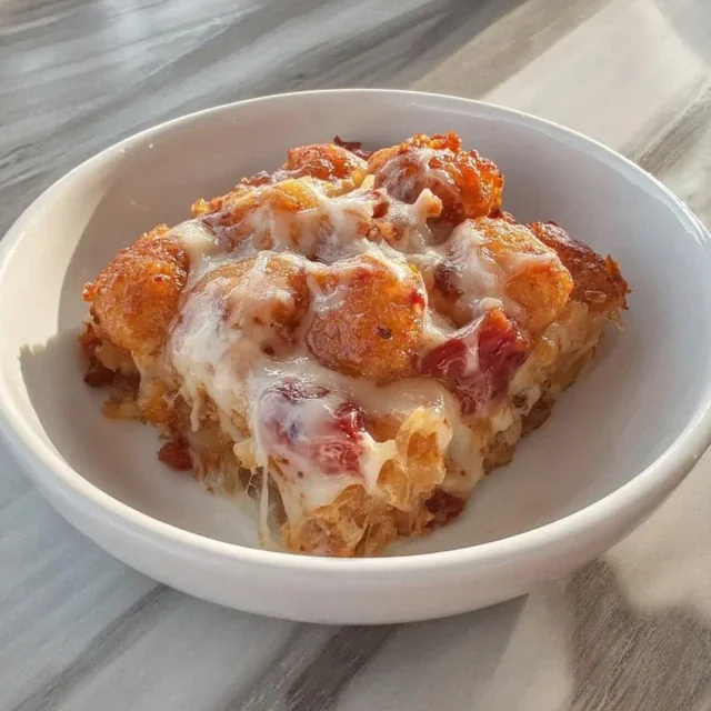 Kimchi Tater Tot Casserole with Melted Cheese