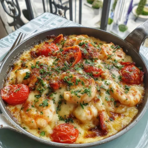 Baked Louisiana Shrimp and Cheese Grits Casserole in a serving dish.