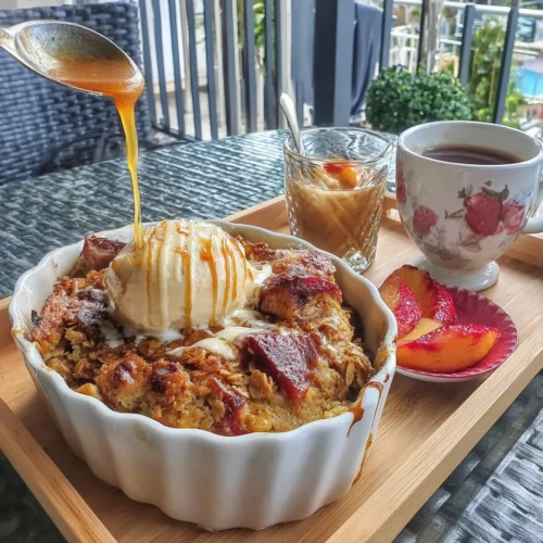 Delicious maple syrup baked oatmeal and roasted peach casserole dish