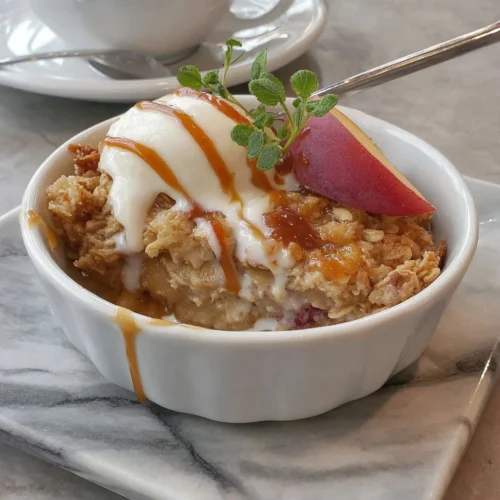 Maple Syrup Baked Oatmeal and Roasted Peach Casserole served in a dish