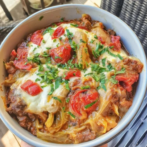 Polish Golumpki casserole with beef, cabbage, and tomato sauce in a serving dish