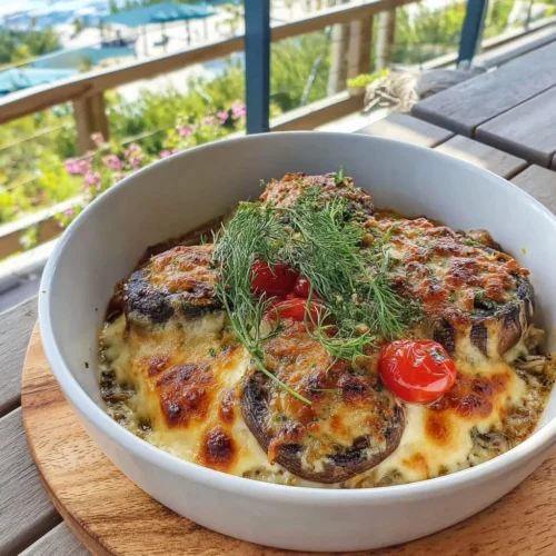 Portobello Mushroom and Wild Rice Stuffed Casserole dish