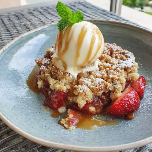 Delicious rhubarb and strawberry oat crumble casserole served warm in a dish.