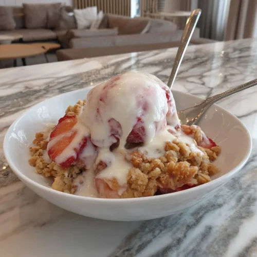 Rhubarb and Strawberry Oat Crumble Casserole with a golden oat topping