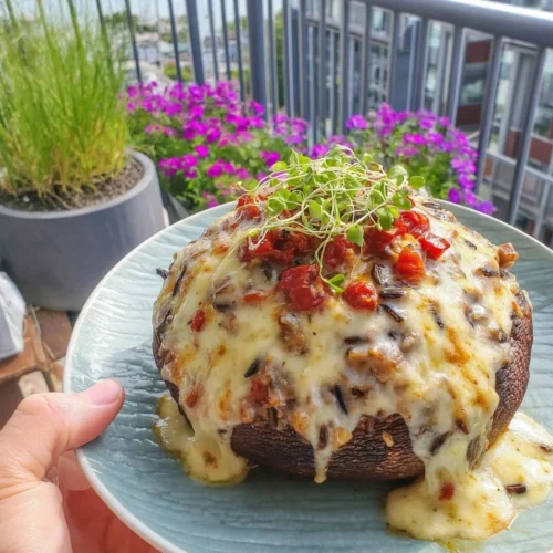 Stuffed portobello mushroom casserole with wild rice, herbs, and cheese