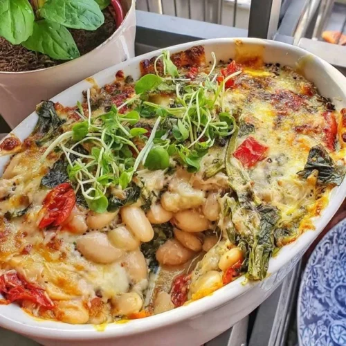 Delicious White Bean and Leafy Green High-Fiber Casserole served in a dish