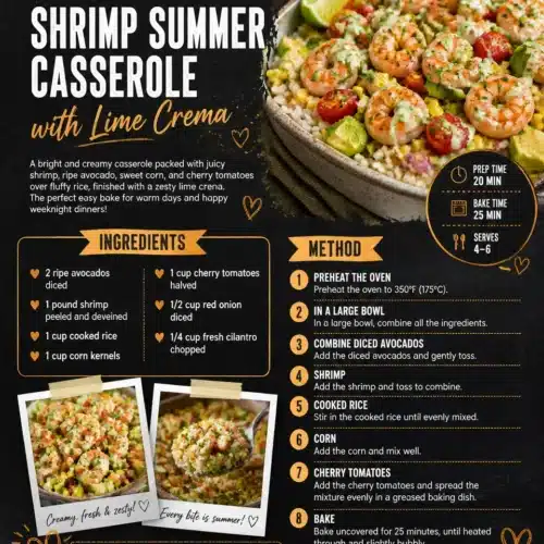 Delicious avocado and shrimp summer casserole topped with lime crema.