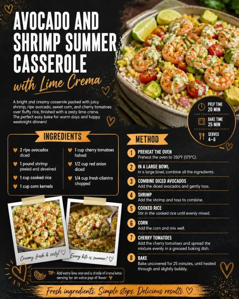 Avocado and Shrimp Summer Casserole with Lime Crema