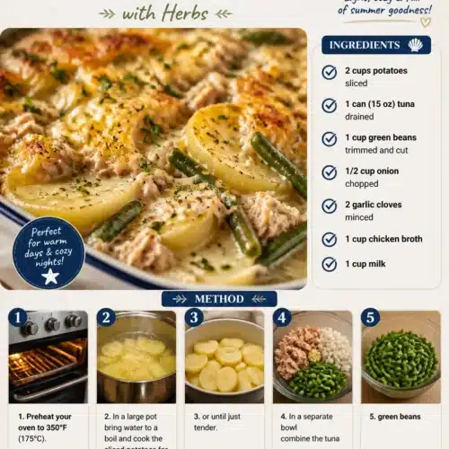 Delicious Beach House Tuna and Potato Casserole with fresh herbs for summer meal.