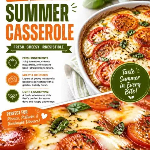 Delicious Caprese summer casserole with tomatoes, mozzarella, and basil.