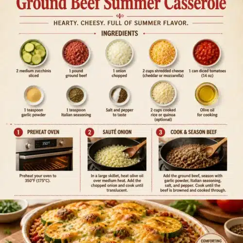 Cheesy zucchini and ground beef summer casserole dish with melted cheese