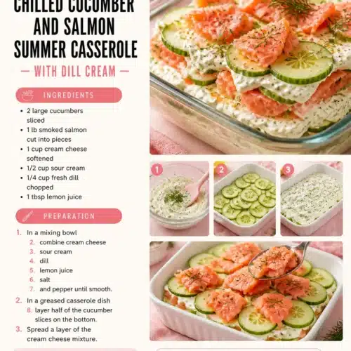 Chilled cucumber salmon casserole with dill cream served in a summer setting